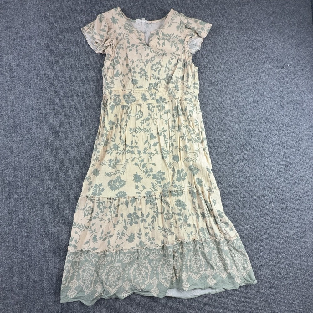 Lucky Brand Womens XL Beige Green Floral Ruffle Maxi Boho Sundress YF5W53029